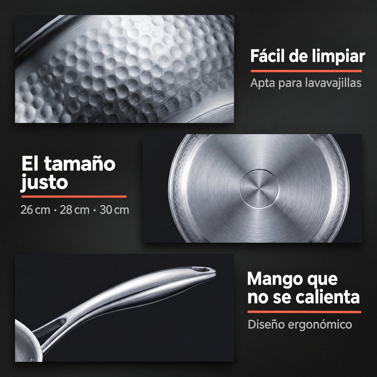 Fácil de limpiar, tamaños de 26, 28 y 30 cm y mango que no se calienta
