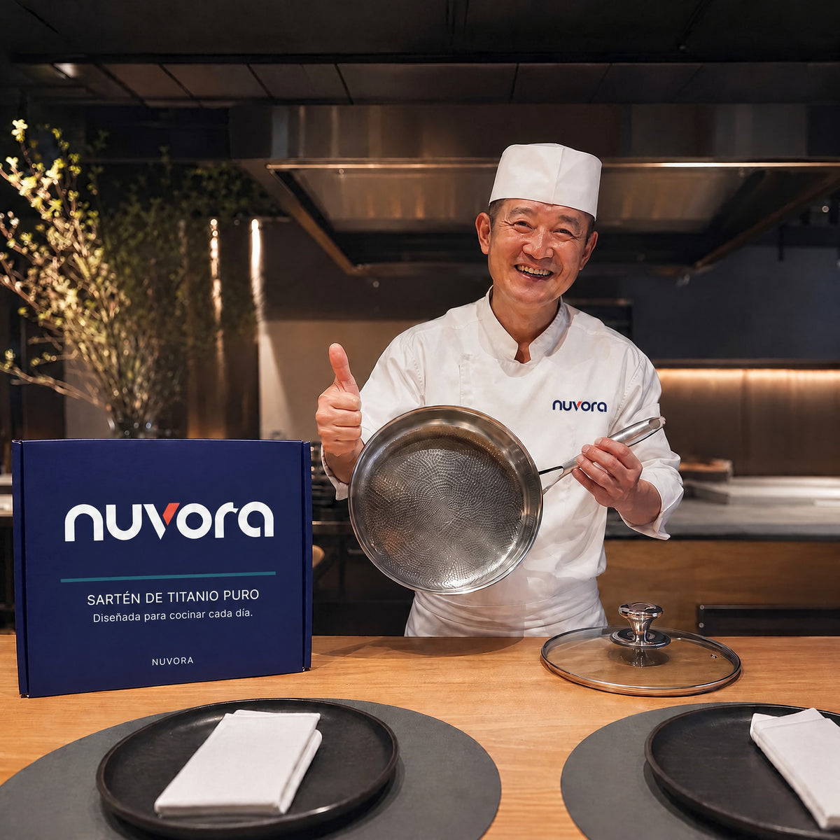 Chef con la sartén NUVORA y su caja